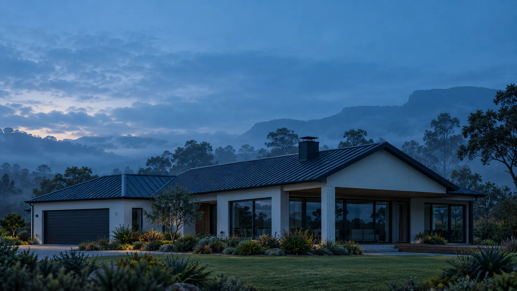 A modern home at dusk with its lights off