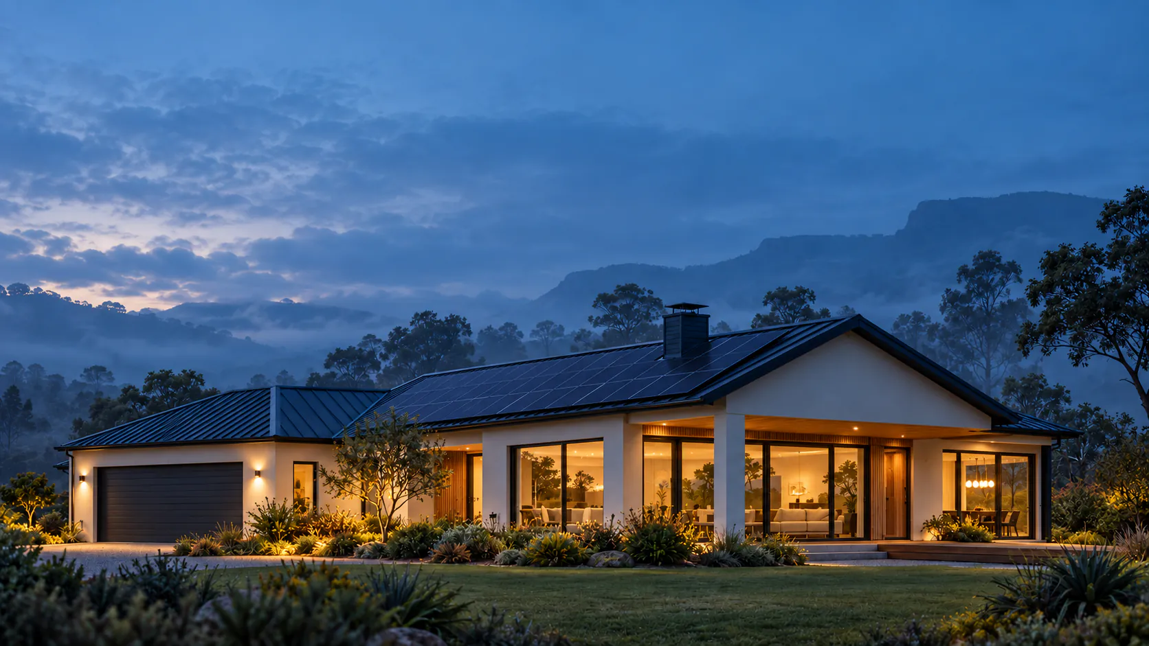 The same home with its lights on and solar panels on the roof