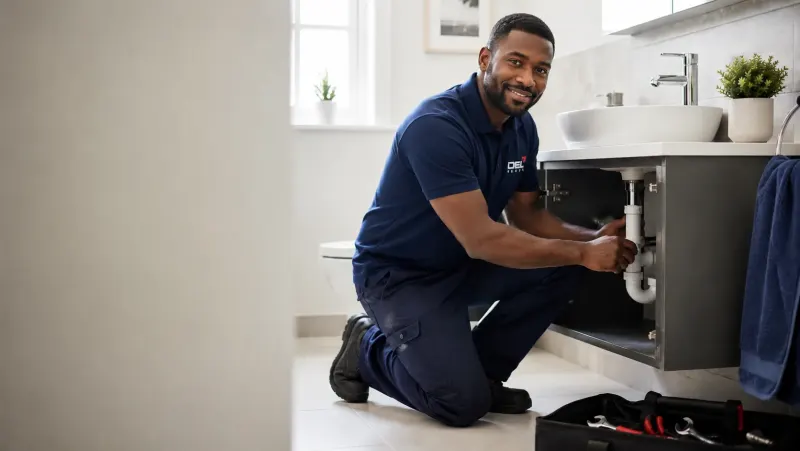A Del Group plumber fitting a basin waste pipe