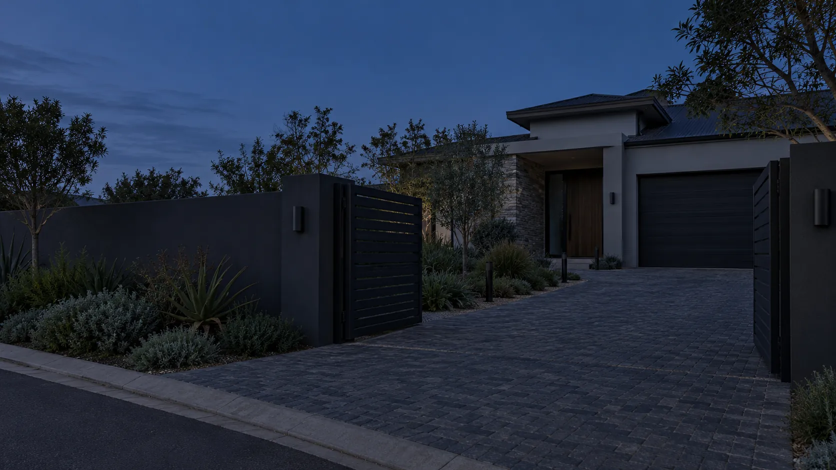 A Bloemfontein home and driveway at dusk with the outdoor lights off