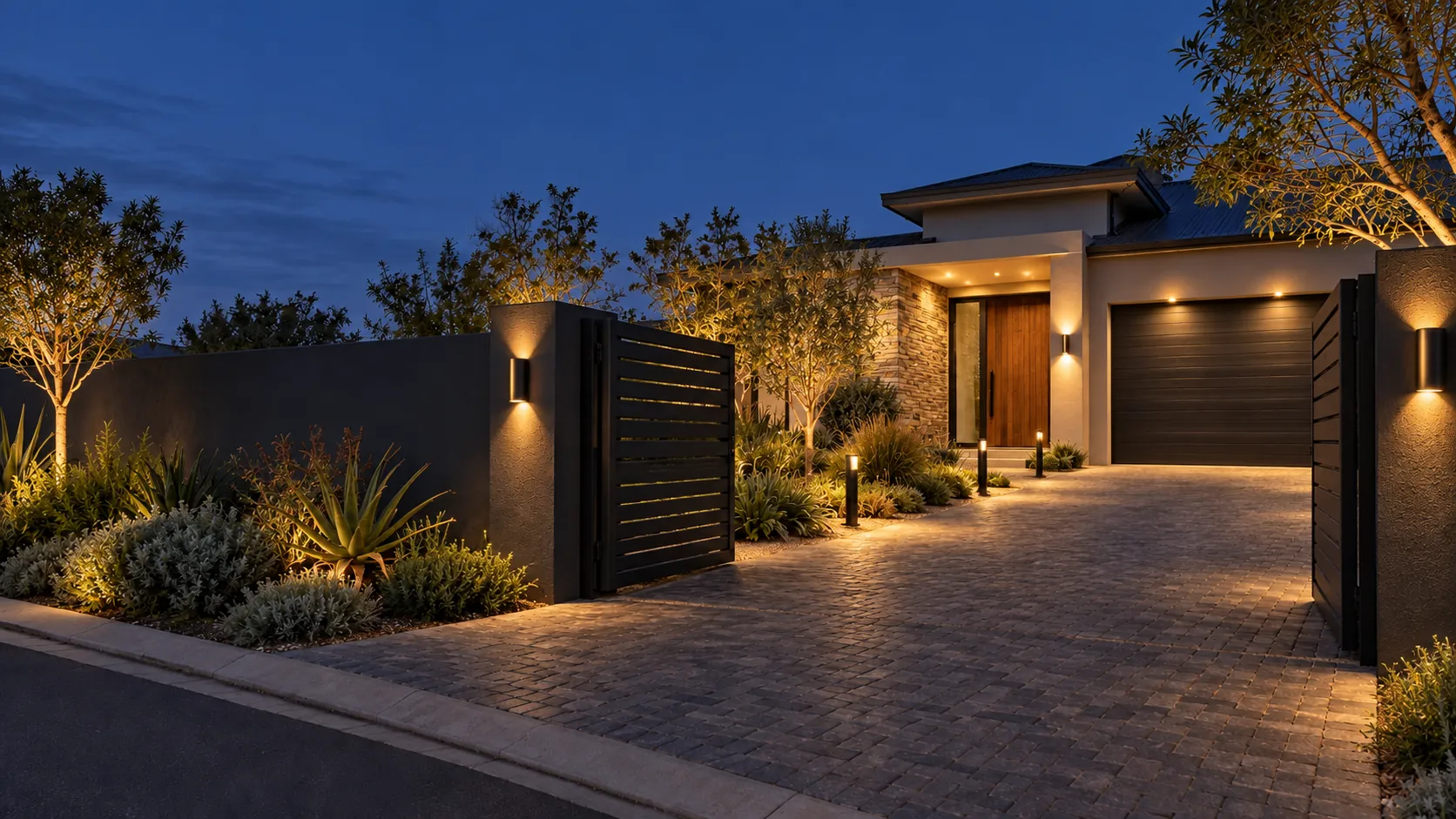 The same home with its wall lights, garden lights and driveway lights on