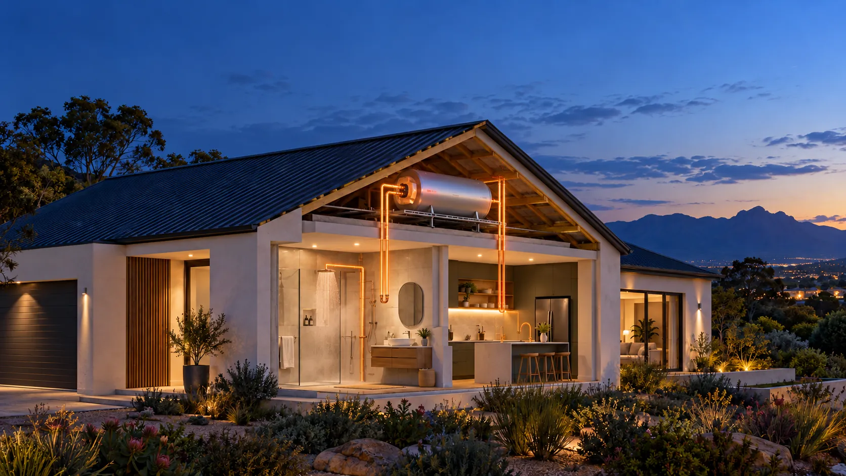 The same home with hot water flowing through its glowing pipes