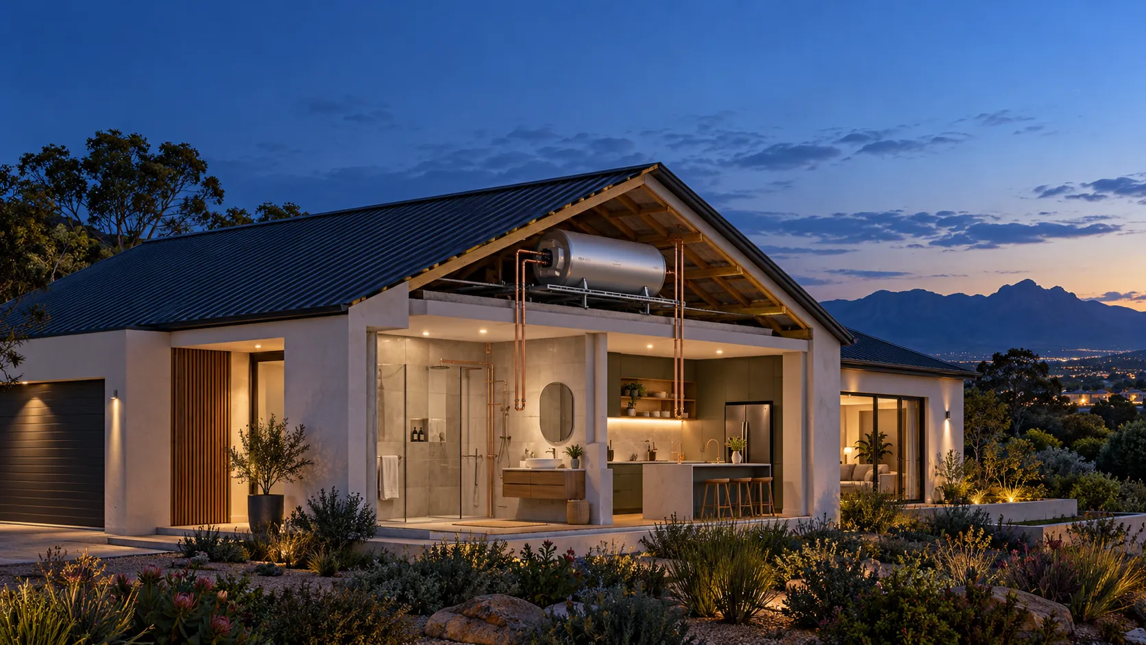 A cut-away view of a Bloemfontein home at dusk, showing the geyser and copper pipes in the roof