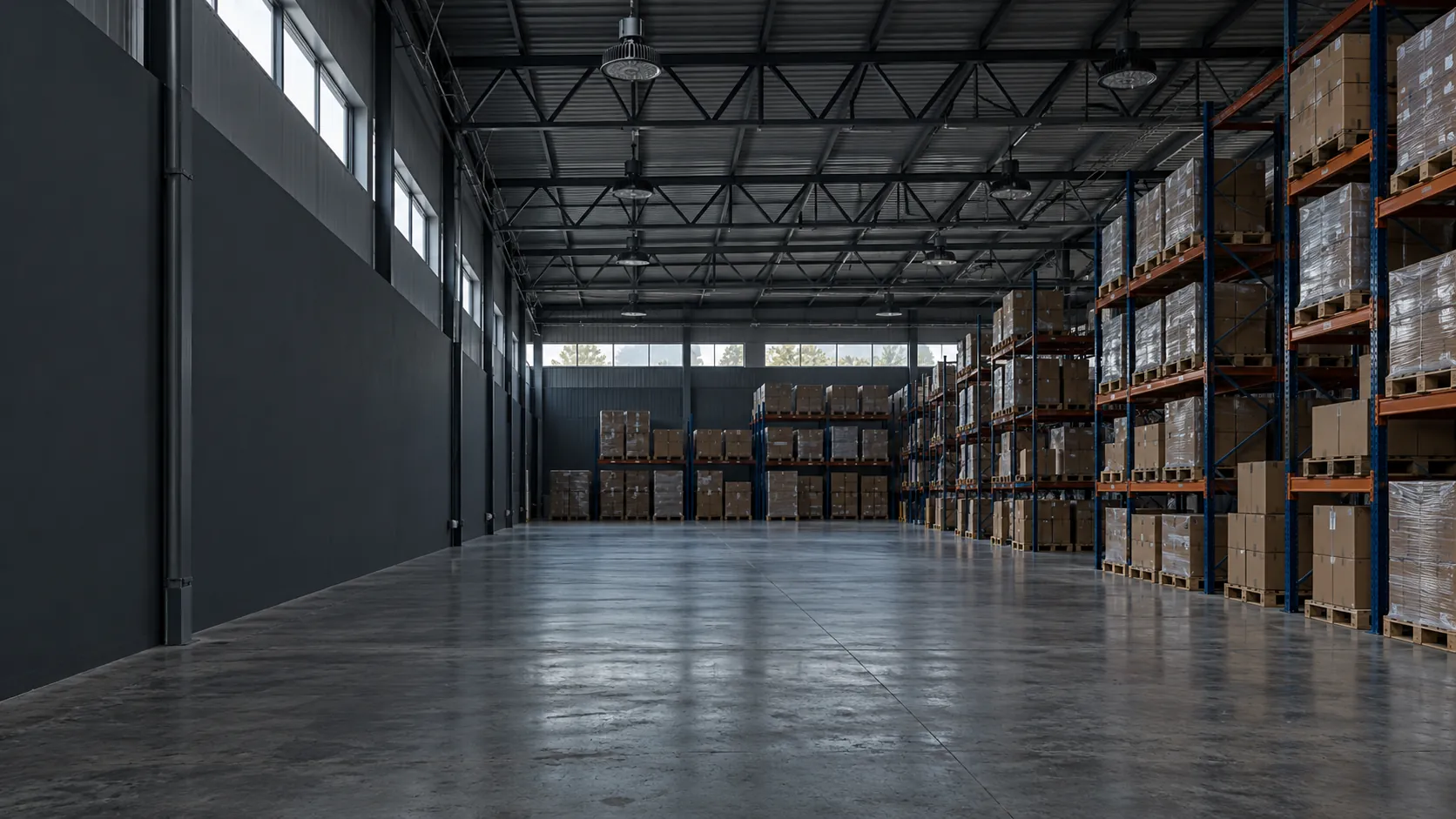 An empty commercial warehouse in Bloemfontein with its high-bay lights off
