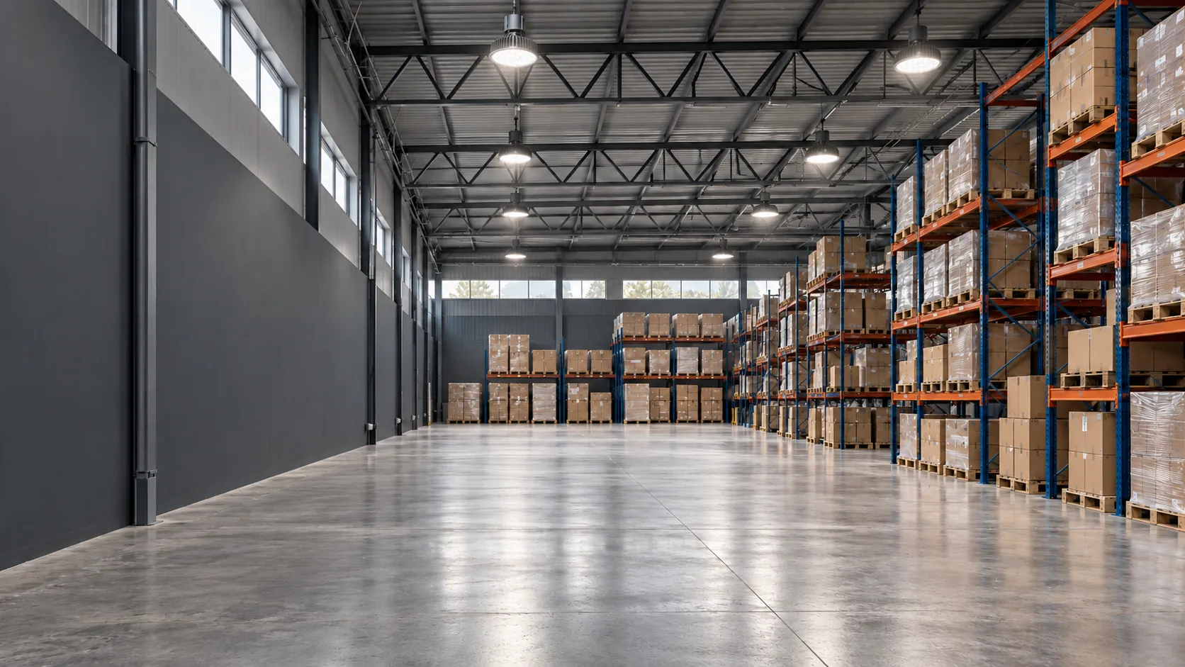 The same warehouse with its high-bay lights on